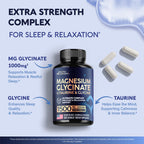 Magnesium Glycinate - Sleep & Relaxation Support - Extra Strength Glycinate, Glycine & Taurine 1500 mg - Magnesium Supplement for Women & Men - Chelated & High Absorption - Made in USA - 120 Capsules