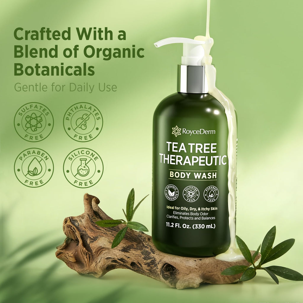 Roycederm Tea Tree Therapeutic Body Wash & Soap – Antibacterial Body Wash Odor Control Cleanser for Oily, Dry & Itchy Skin – Made in USA, 11.8 fl oz