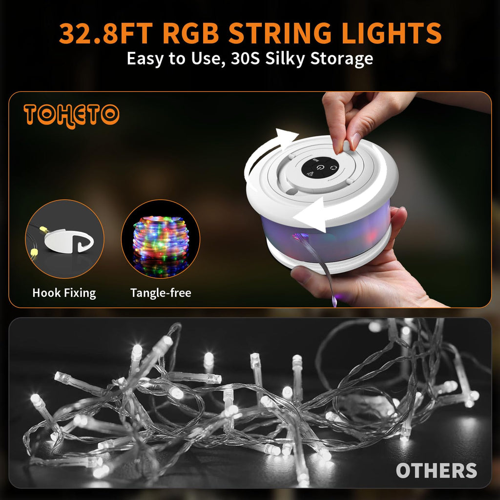 TOHETO 2-Pack Camping String Lights, 3 in 1 Upgraded Retractable RGB Outdoor String Lights with 19 Lighting Modes, Quick 30s Recovery, 32.8 FT Portable Tent Light, Rechargeable Camping Lantern (White)