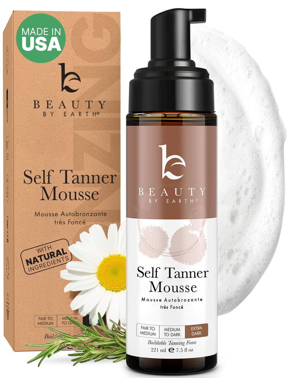Self Tanner Mousse - USA Made with Natural & Organic Ingredients, Self Tanning Mousse Foam for Ultra Dark Fake Tan, Non Toxic Sunless Tanner for Darkest Streak Free Finish & Natural Looking Tan