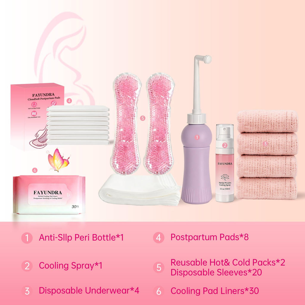 FAYUNDRA Postpartum Essentials Kit for Labor & Delivery, Postpartum Kit with Cooling Spray, 4 Disposable Postpartum Underwears, 8 Postpartum Pads, 2 Hot & Cold Packs, 30 Pad Liners, Peri Bottle (6)