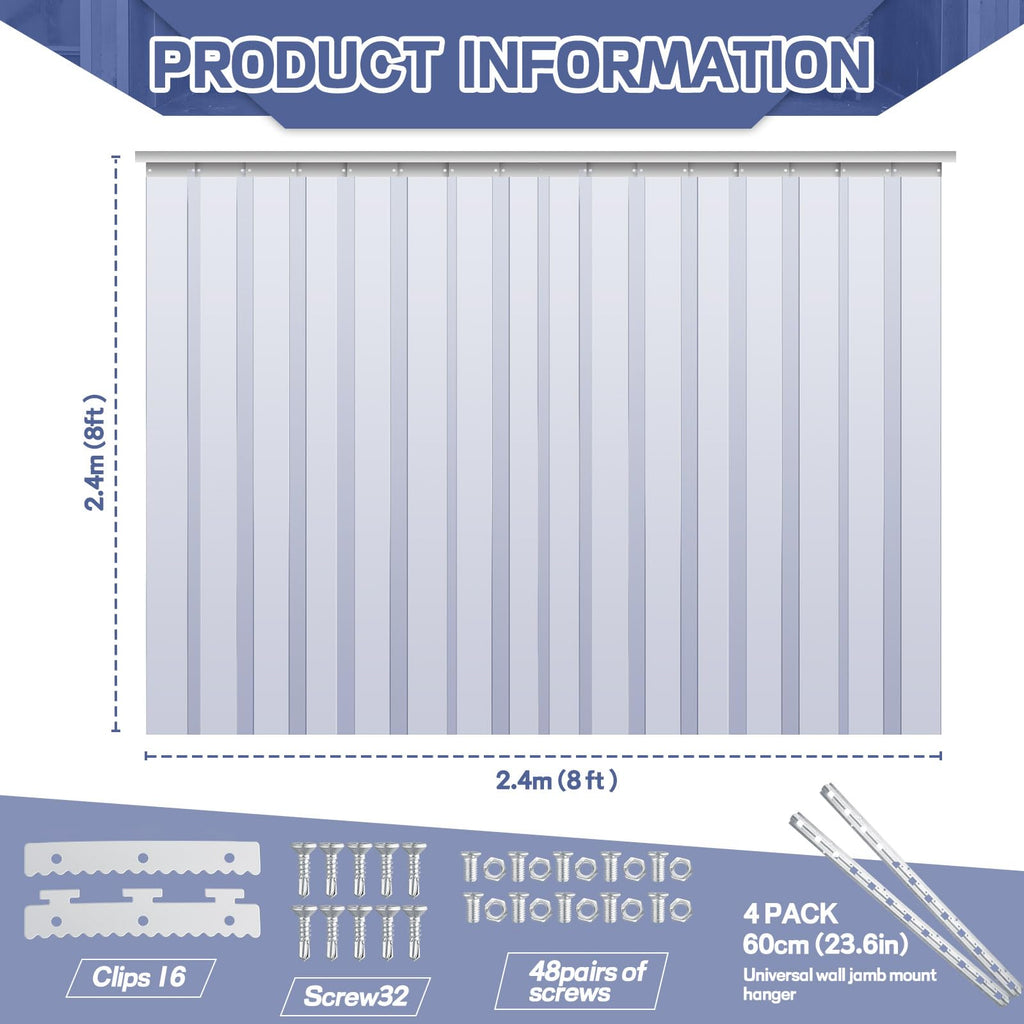 Juexica 96 x 96 Inch PVC Strip Door Curtain Kit, Heavy Duty Waterproof Clear Door Curtain for Walk-in Cooler, Freezer, Warehouse & Garage, Hurricane Shutters, Energy Saving and Easy Install(Clear)