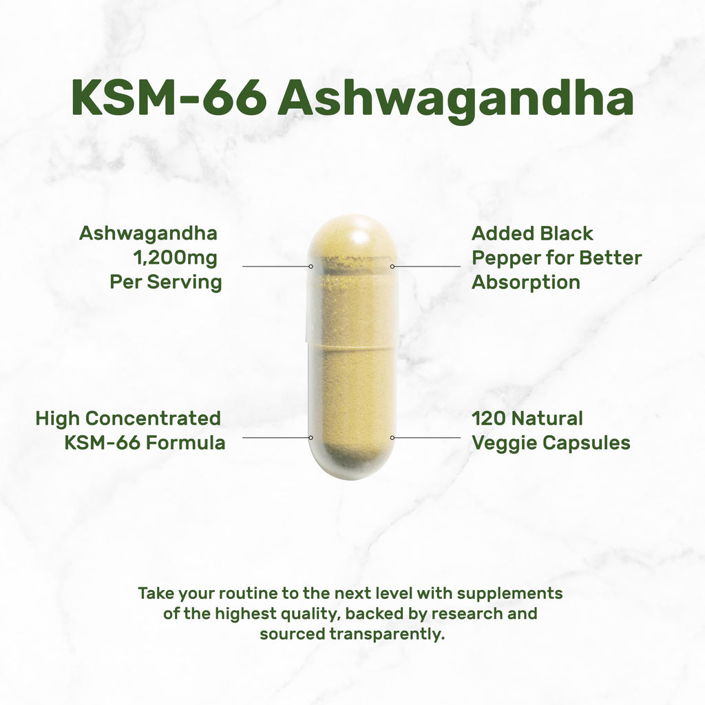 KSM 66 Ashwagandha 1,200mg with Black Pepper, 120 Veggie Capsules – Extra Strength Root Extract – High Absorption – Adaptogenic Supplements for Relaxation, Energy, & Brain Health – Non-GMO