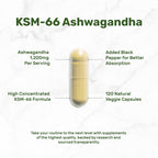 KSM 66 Ashwagandha 1,200mg with Black Pepper, 120 Veggie Capsules – Extra Strength Root Extract – High Absorption – Adaptogenic Supplements for Relaxation, Energy, & Brain Health – Non-GMO