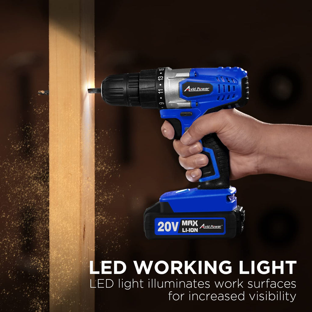 AVID POWER 20V Cordless Drill Set for Home DIY & Beginner Projects - Lightweight Power Drill with Battery Charger & 22 Bits, Variable Speed, 3/8" Keyless Chuck, Ideal for Furniture Assembly (Blue)