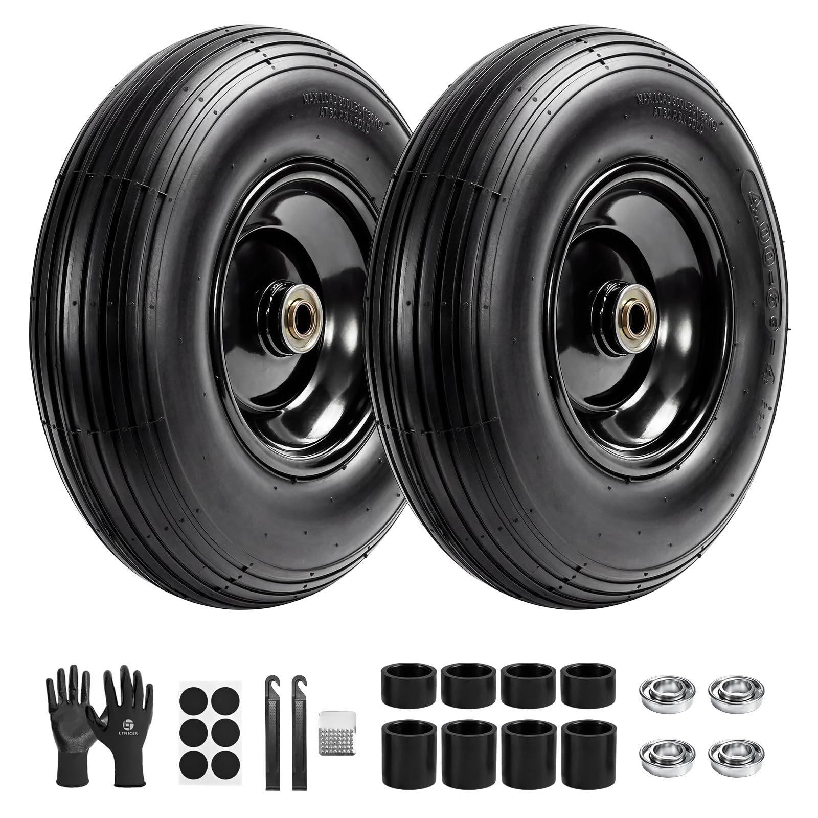 LTNICER (2-Pack) 4.00-6 Wheelbarrow Tires and Wheels, 13" Pneumatic Tire with 5/8" or 3/4" Bearings, Heavy Duty Replacement Wheel for Wheelbarrow, Garden Cart, Hand Truck