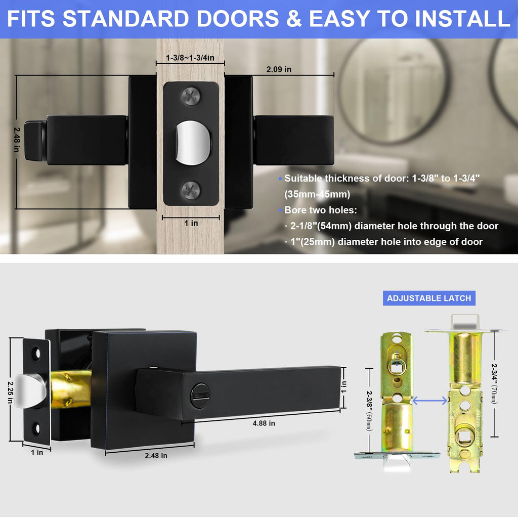 RAZCC Privacy Interior Door Lever, 2 Pack Heavy Duty Matte Black Door Handles Square Door Knobs for Bedroom & Bathroom Keyless Door Lock Handles for Right & Left Sided Doors