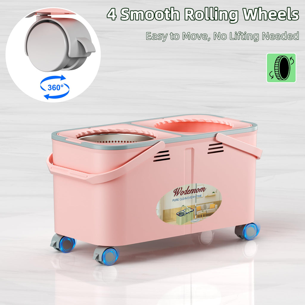 2026 Upgraded Gen 2 Spin Mop and Bucket Set with 4 Swivel Wheels for Easy Rolling, Separates Clean & Dirty Water, Floor Mop with 6 Washable Mop Heads for Wood, Tile, Vinyl, Baseboards - Pink