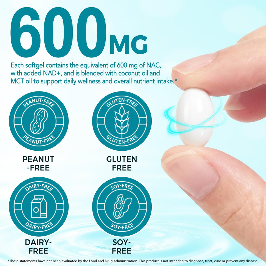 NVXNMSD NAC Supplement 600mg, 300 Softgels NAC with NAD+ & MCT Oil N-Acetyl Cysteine Supplement with Coconut Oil Vegetarian Capsules for Antioxidant Supports Liver & Energy Non-GMO Gluten Free