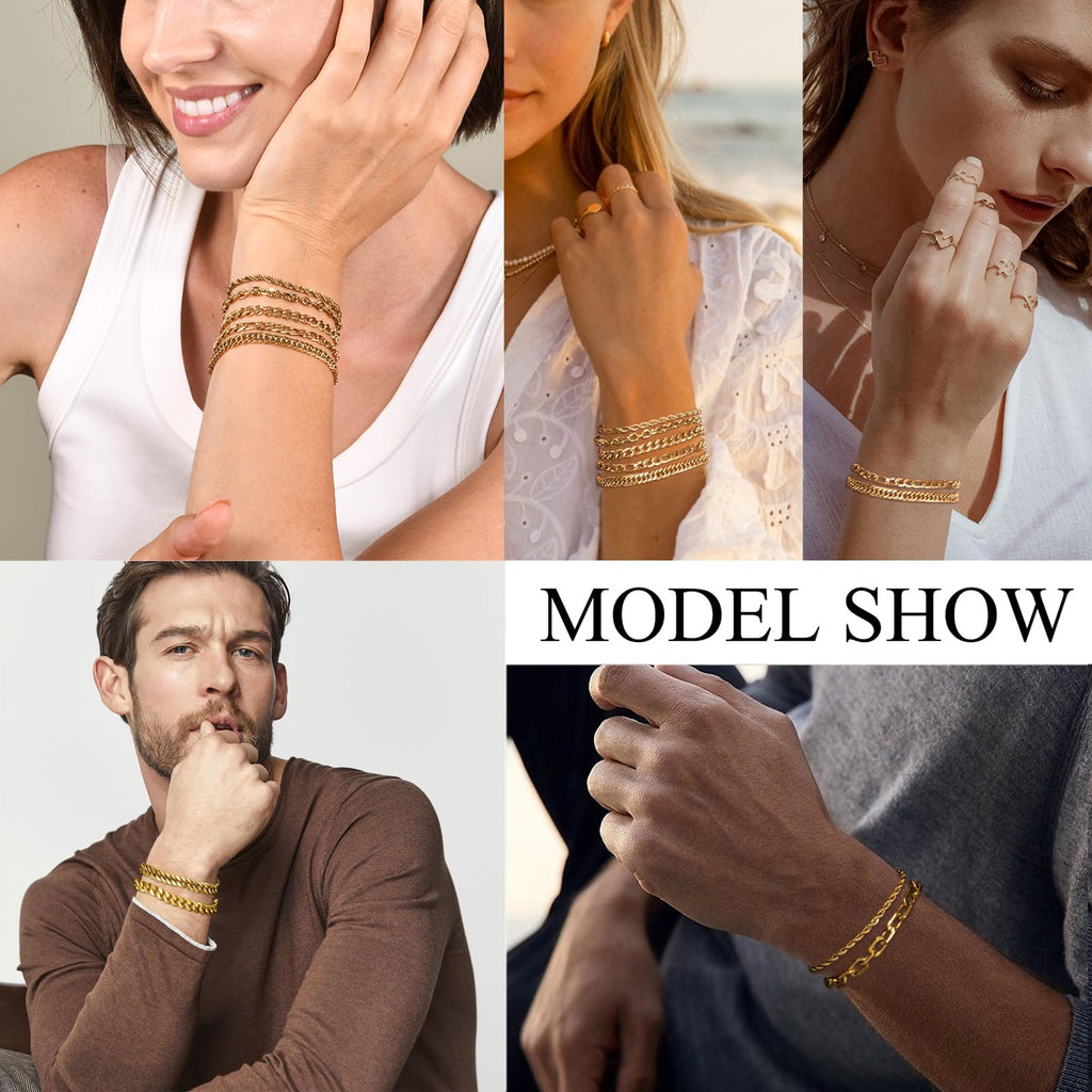 VNOX Gold Chain Bracelet for Men - 5 Pcs Solid Stainless Steel Rope/Figaro/Paperclip/Cuban Link Curb Chunky Chain Bracelet Set Wrist Band for Men Women,8.3 Inches,Mens Jewelry Gifts