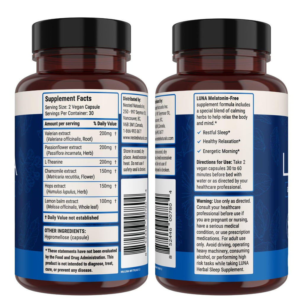 Nested Naturals Luna Melatonin-Free Sleep Supplement - Non-Habit Forming Herbal Sleep Supplement, Adult Bedtime Support, Help Sleeping w/Chamomile, Valerian, L-Theanine - 60 Vegan Capsules