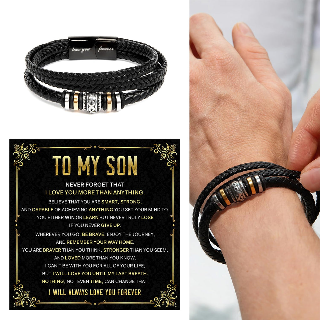 Mapileng To My Son Bracelet – Love You Forever Braided Leather Bracelet from Father and Mother, Meaningful Men’s Gift with Heartfelt Message & Elegant Box for Birthday, Graduation, Christmas