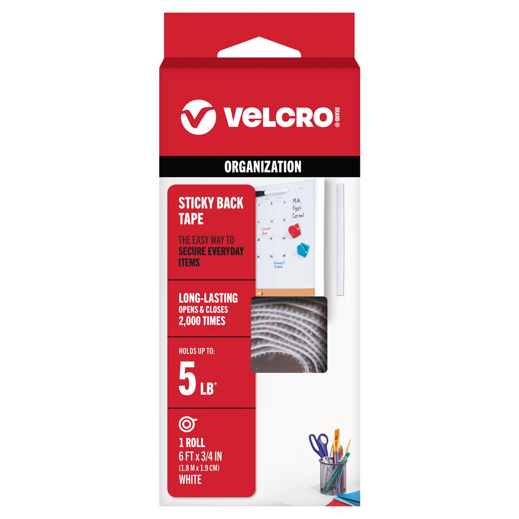 VELCRO Brand 6 Ft x 3/4 in | Sticky Back Tape Roll with Adhesive | Cut Strips to Length | Hook and Loop Fasteners | Perfect for Home, Office or Classroom, White, 90976W
