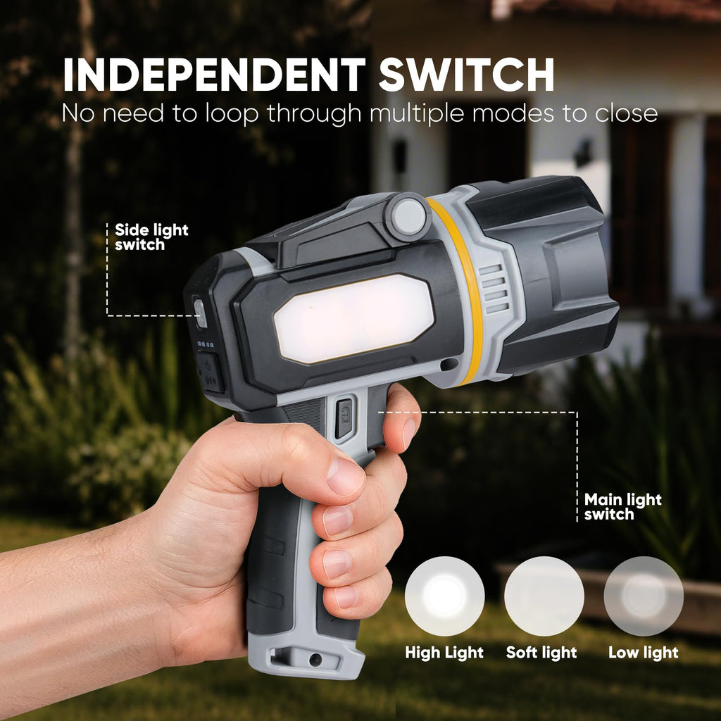 MOONASION Rechargeable Spotlight 2000000 Lumen, Super Bright 9 LED Spotlight Flashlight with COB Light & Foldable Stand, Long Lasting Large Handheld Spot Light for Boating Camping Boat Marine