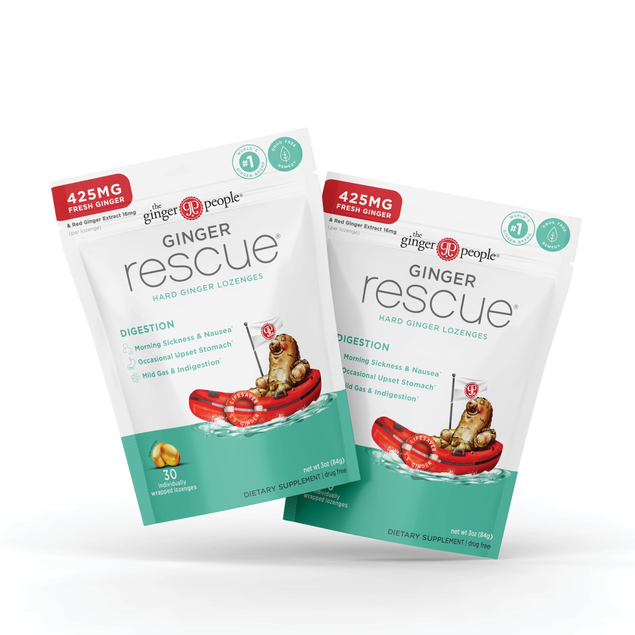 The Ginger People Ginger Rescue Digestive Wellness Lozenges (Hard) | Regular Strength - 425mg | Morning Sickness, Nausea, Upset Stomach, Mild Gas & Indigestion, 30 Count (Pack of 2)