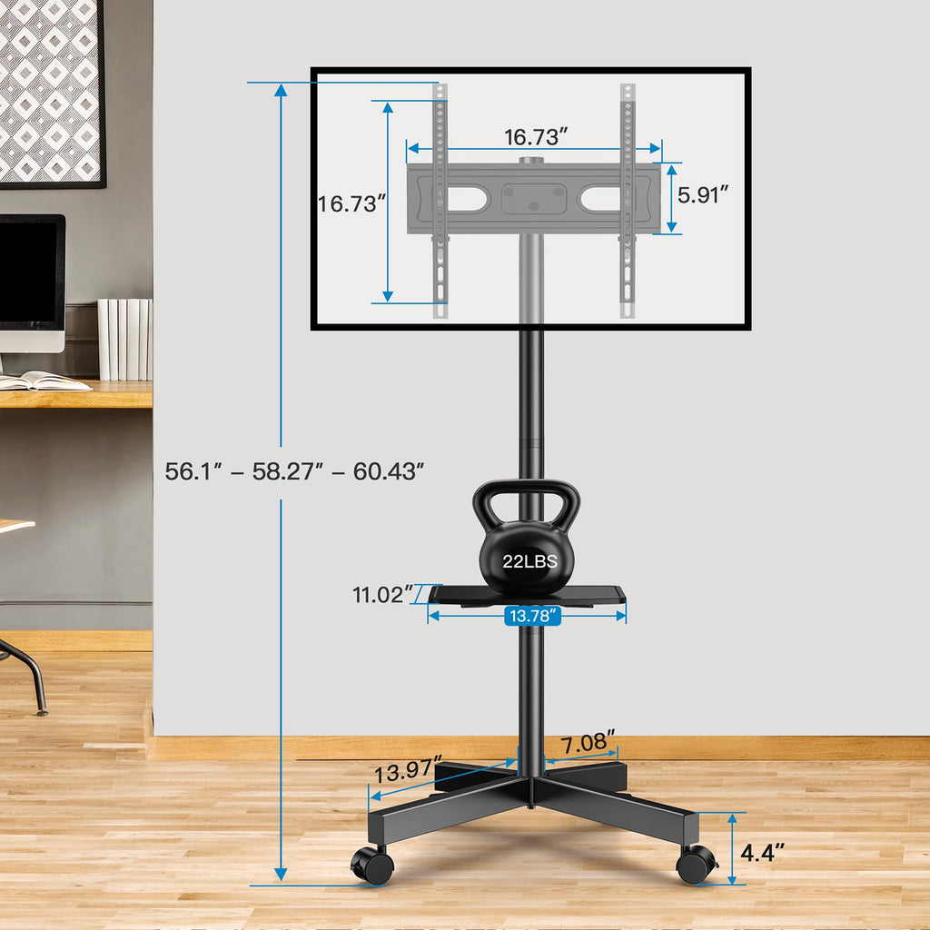 PERLESMITH Rolling TV Stand, Mobile TV Stands for 23-65 Inch LCD LED TVs, Tilt TV Stand Wheels Holds up to 88Lbs, Portable Outdoor TV Cart for Bedroom with Shelf, Max VESA 400x400mm PSTVMC06