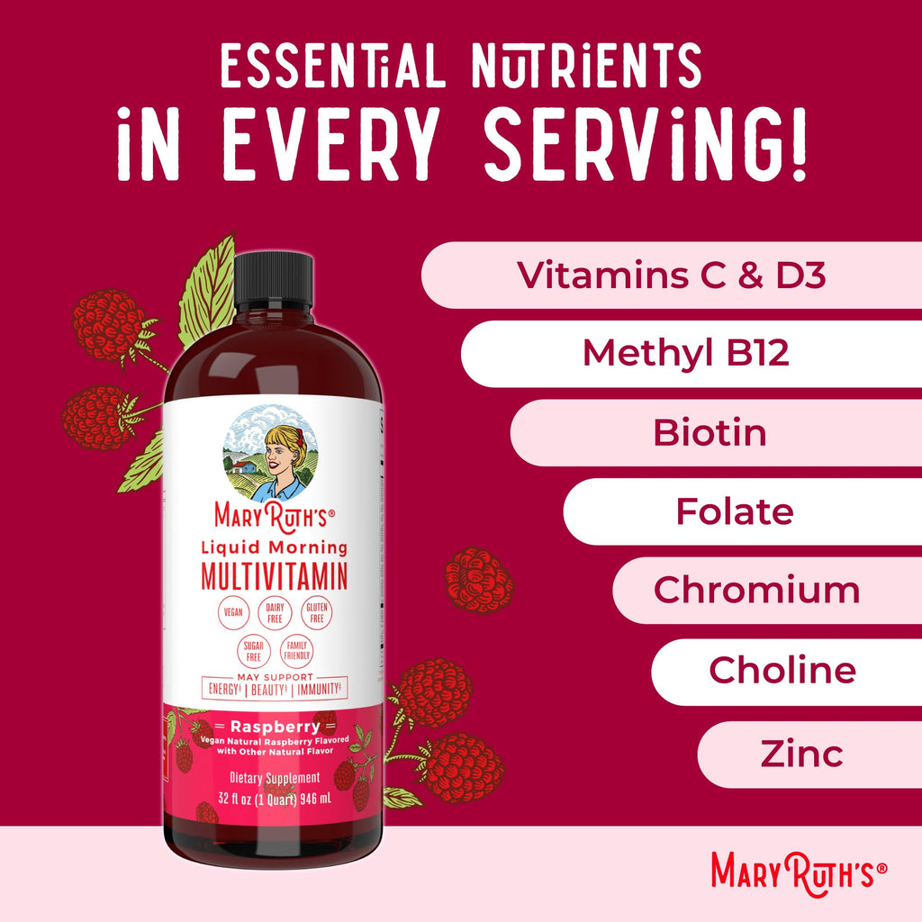MARYRUTH'S Liquid Morning Multivitamin for Women, Men & Kids | Vitamin A C D E B6 B12 Biotin Zinc | Beauty | Vegan | Non-GMO | Gluten Free | 16 Servings