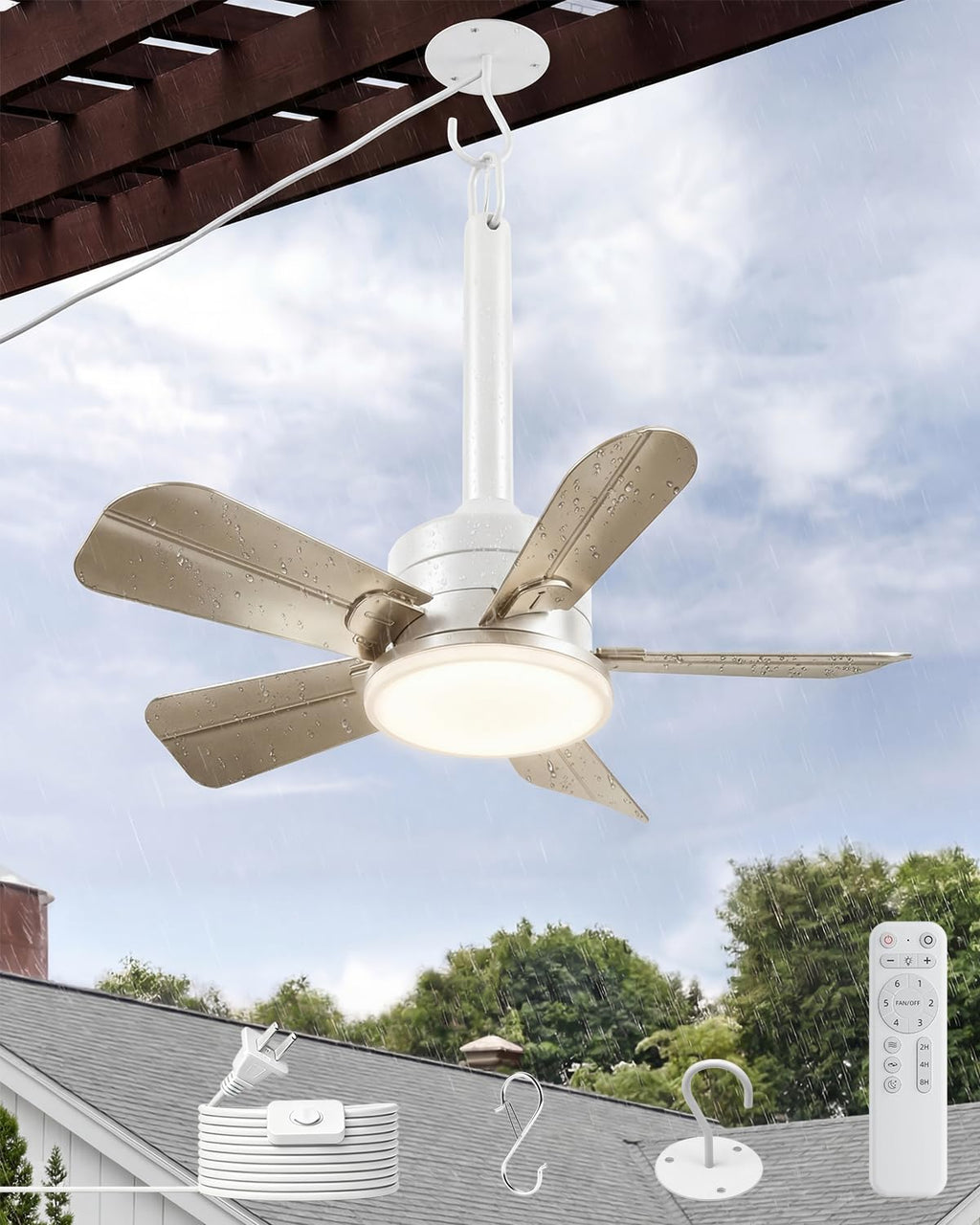 NWOP 20 Inch Plug-In Outdoor Ceiling Fan with Light and Remote, Waterproof Wet Rated Mini Ceiling Fan for Small Spaces, 5 Blade Quiet Compact Ceiling Fan for Patio Balcony Gazebo Porch, Platinum