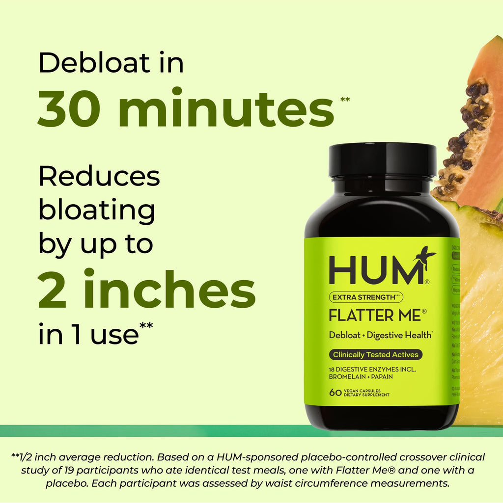 HUM Flatter Me Extra Strength Digestive Enzymes for Women, Men, Digestive Gut Bloating Supplement, Ginger, Peppermint Leaf, Fast Acting Anti Bloat Pills Multi Enzyme for Debloating, 60 Capsules