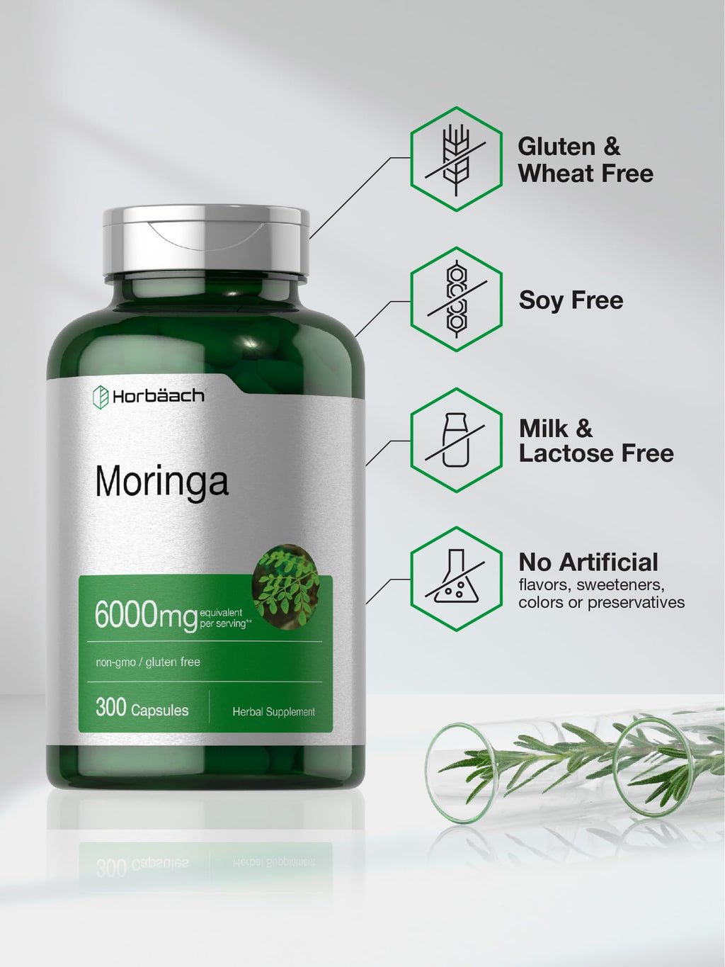Horbäach Moringa Oleifera | 300 Powder Capsules | Non-GMO and Gluten Free Extract Formula | Complete Green Superfood