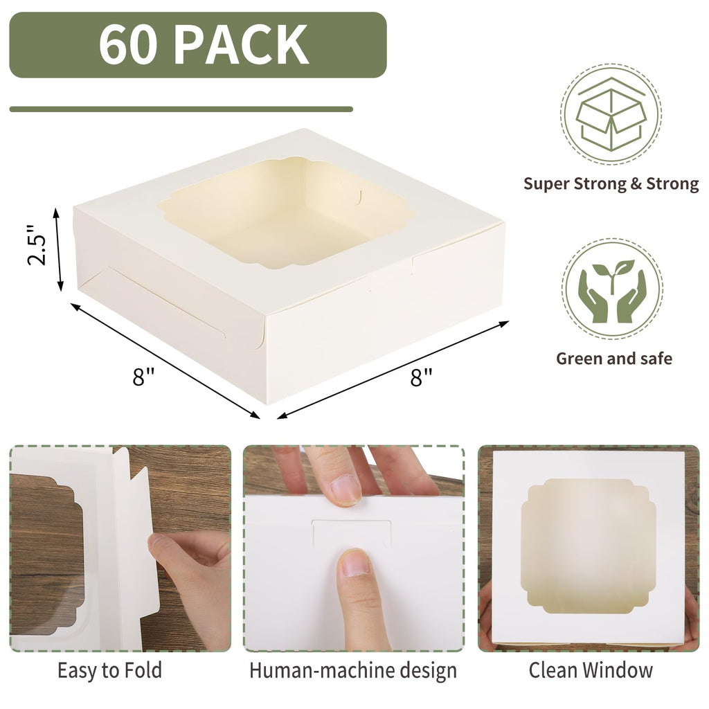 TOMNK 60pcs Cookie Boxes, 8x8x2.5 Inches Bakery Boxes with 2 Style Windows for Chocolate Strawberries, Pie, Pastry, Dessert, Cake, Birthday Party, Mother's Day, Weddings