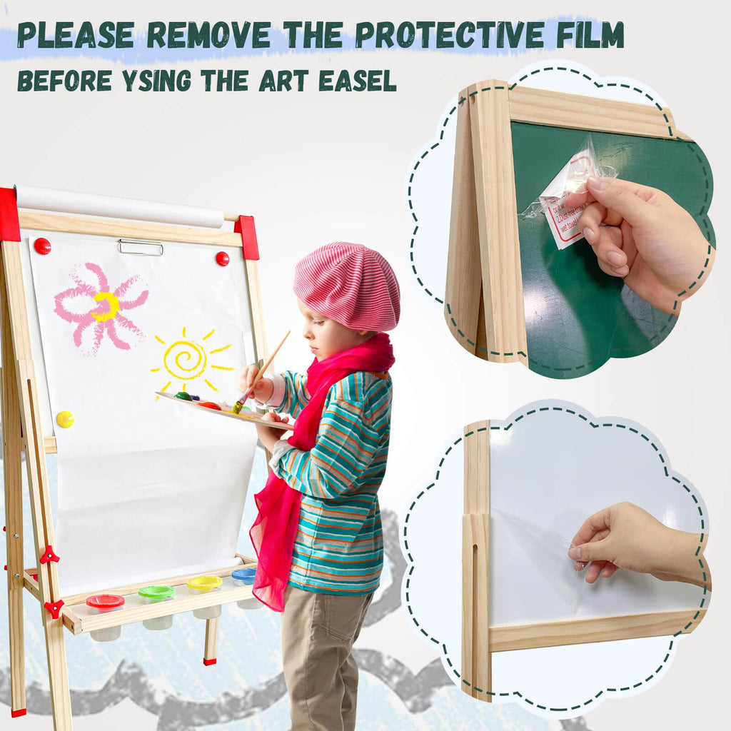 Easel for Kids,Adjustable Wooden Art Easel for Kids,114+ Art Supplies,Double Sided Magnetic Chalkboard and White Board for Kid,Drawing and Painting for Aged 2-4,5-7,8-12,2 Paper Rolls