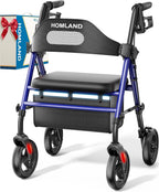 HOMLAND Foldable Rollator Walkers with Seat for Seniors, 8'' Big Wheels, 350 lb. Weight Capacity, Adjustable Handles and Seat Height, Lightweight Rolling Walker, Blue
