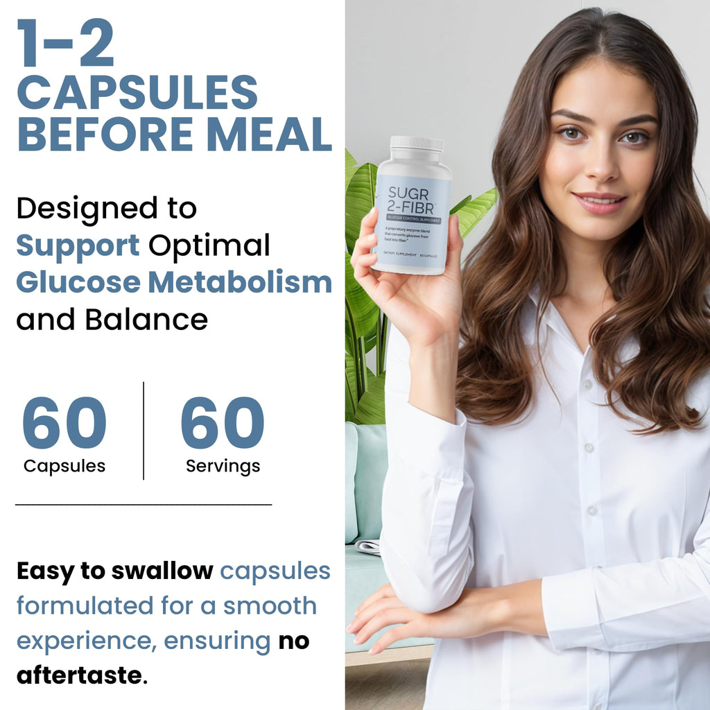 OPTIVIDA Sugr-2-Fibr - Natural Blood Sugar Support Supplement with Enzyme Technology - Glucose Support Supplement - Sugar to Fiber for Gut & Energy Levels - Blood Sugar Supplement - 60 Vegan Capsules