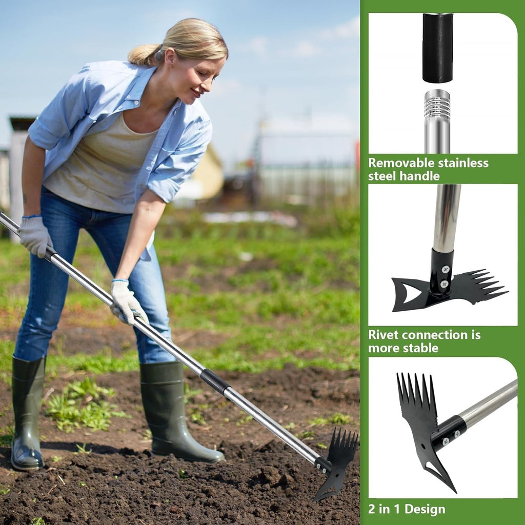 Weed Puller Tool 58" Telescoping, 2-in-1 Adjustable Manual Weeders Garden Hoe & Weed Rake, Long Handle Ergonomic Weeding Tool for Lawn, Garden & Yard Includes Work Gloves