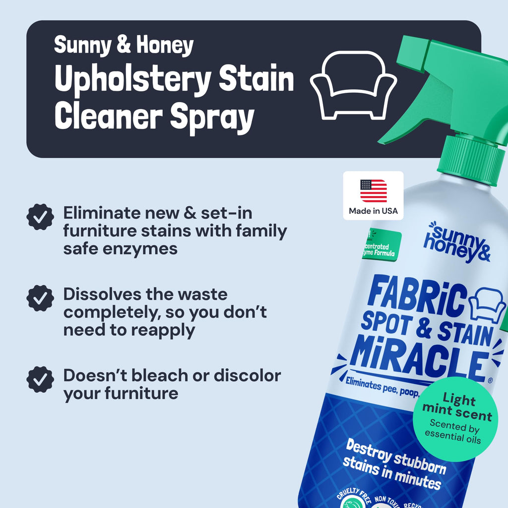 Sunny & Honey Upholstery Cleaner Spray - No Discoloration - Pet & Kid Safe Stain Remover - Multi-Surface Furniture & Sofa Cleaner Spray - Fast-Drying Pet Stain Remover (32 fl oz, Mint)