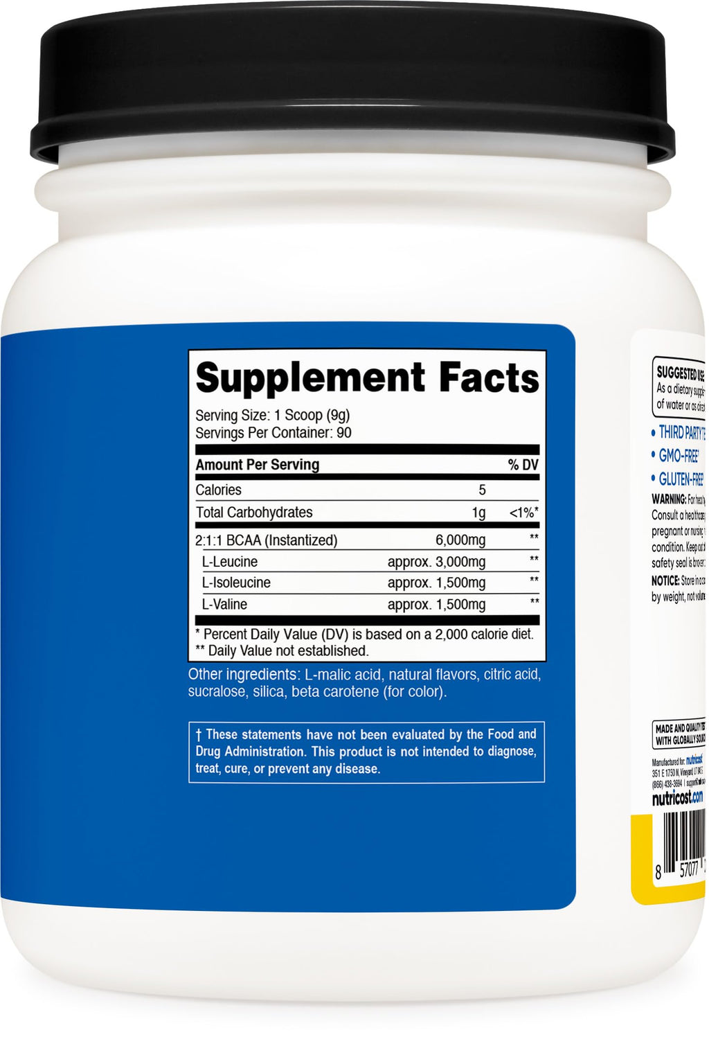 Nutricost BCAA Powder (Pineapple, 90 Servings) - Optimal 2:1:1 Ratio