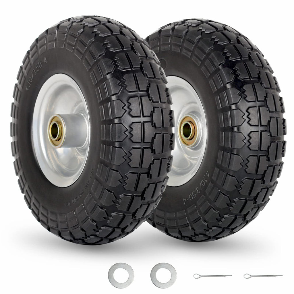 GICOOL 4.10/3.50-4" Flat Free Tire and Wheel, 10" Heavy Duty Solid Tire, 5/8" Axle Bore Hole, 2.2" Offset Hub, for Hand Truck Garden Cart Wagon Trolley Dolly Replacement, 2 Pack