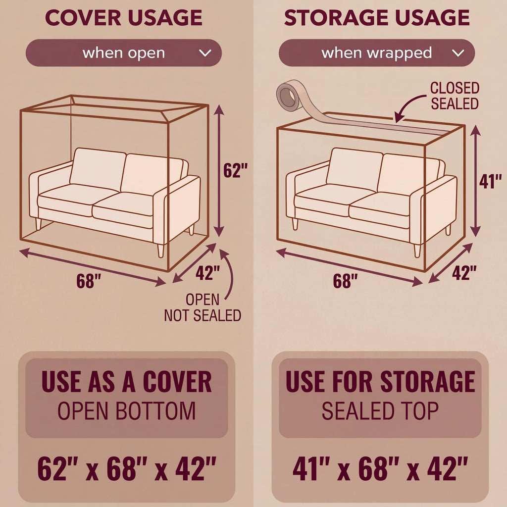Wowfit Furniture Cover Dust-Proof Moving Bag for Loveseat, Sofa & Boxes – Clear, Odorless Plastic - 4mil-Thick – 68.1W x 42D x 62/41H Inches