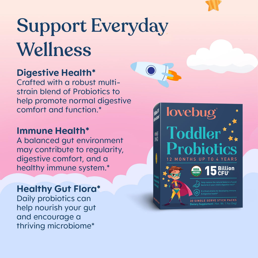 Lovebug Kids Probiotic Powder with Prebiotic Fiber - Toddler Immunity Support & Constipation Relief - USDA Organic Probiotics for Childrens Gut & Digestive Health (Ages 1-4) - 30 Pack (Unflavoured)