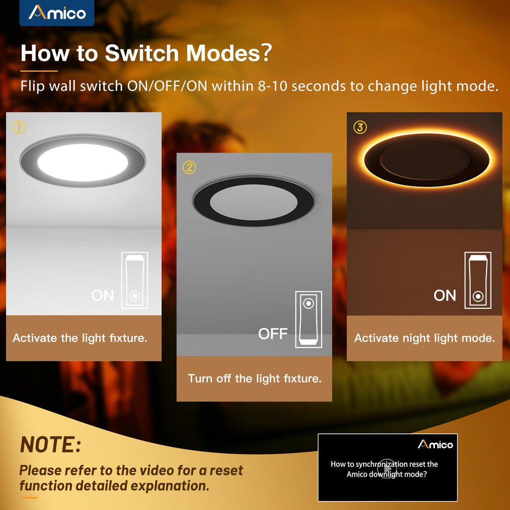 Amico 12 Pack Black 6 Inch 5CCT LED Recessed Ceiling Light with Night Light, 2700K/3000K/3500K/4000K/5000K Selectable Ultra-Thin Lighting, 12W=110W, 1100LM, Dimmable Canless Wafer Downlight - ETL&FCC