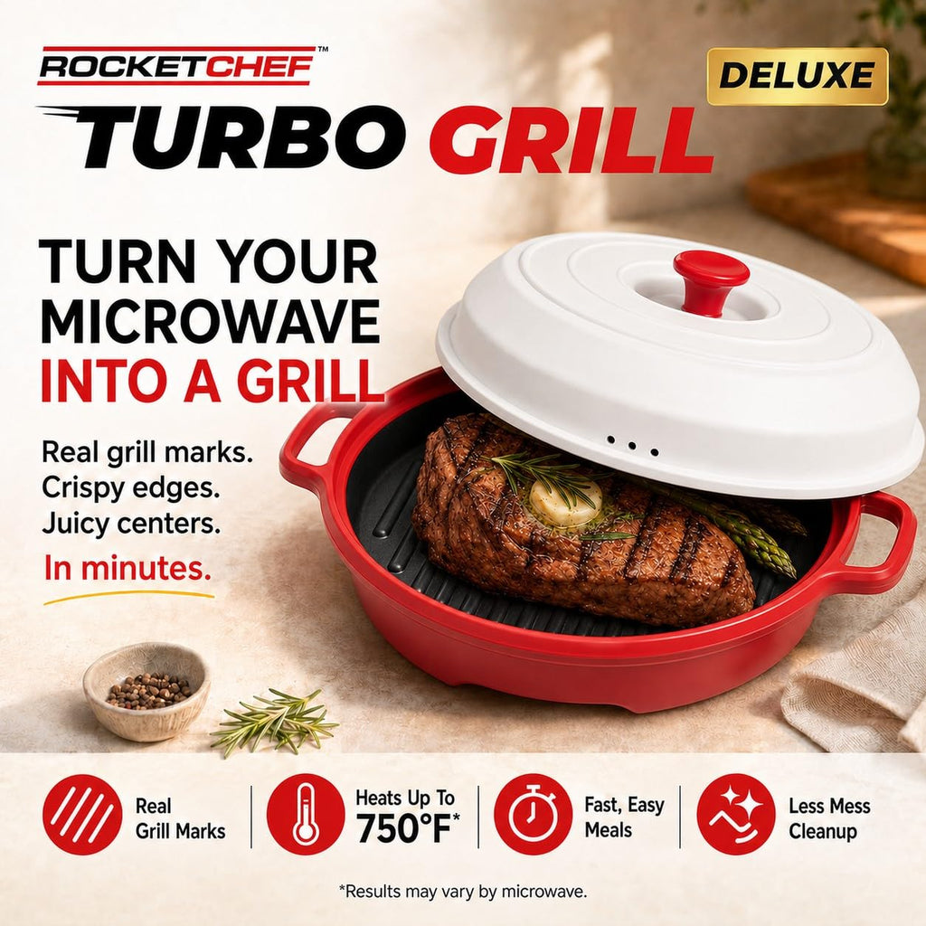 Rocket Chef Turbo Grill Deluxe Microwave Grill Pan, Vented Lid, Red