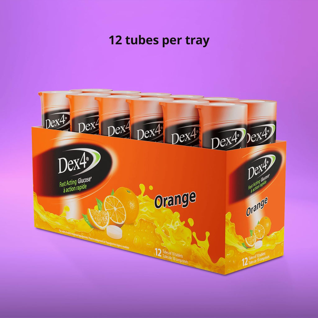 Dex4 Glucose Tablets, Orange, 12-Pack of Dex4 Tubes, 10 Tablets in Each Tube, Each Tablet Contains 4g of Fast-Acting Carbs