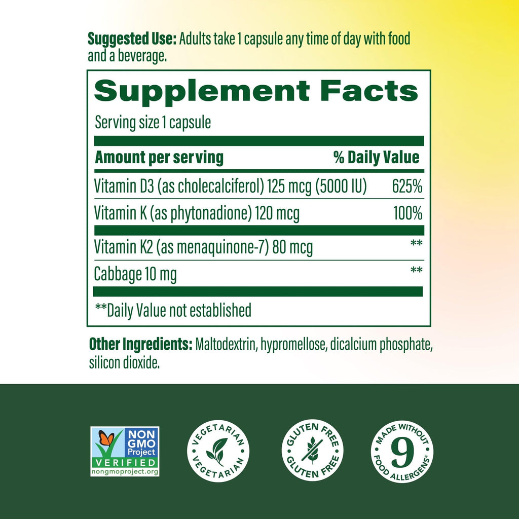 MegaFood Vitamin D3 5000 IU (125 mcg) - Vegetarian Supplements with Vitamin D3 K2 - Supports Bones, Teeth, Muscles & Immune Health - Certified Non-GMO - 120 Mini Capsules, 120 Servings