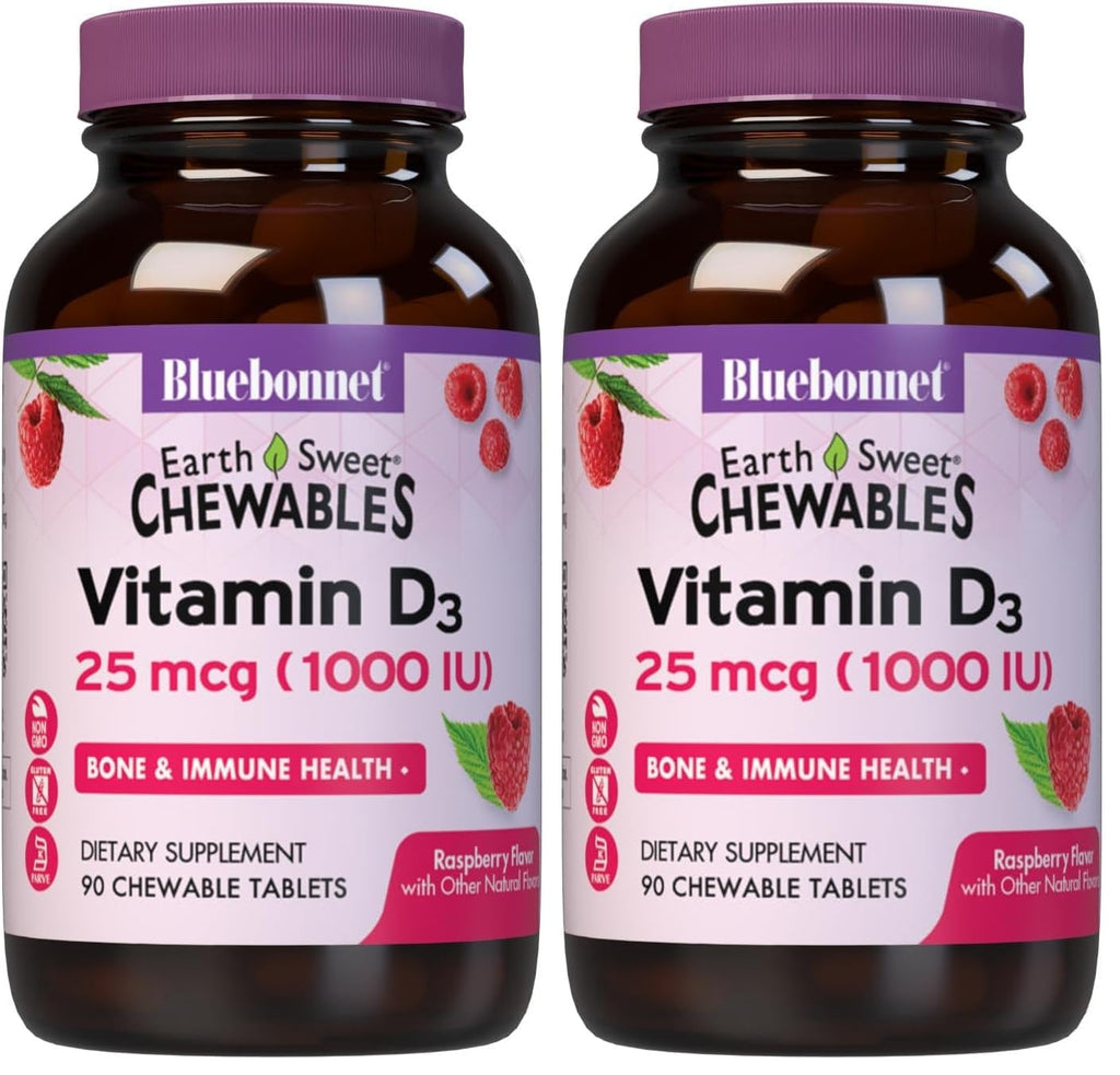 Bluebonnet Nutrition EarthSweet Vitamin D3 1000IU - Bone & Immune Support Supplement - Raspberry Chewable Vitamin D Supplement for Women & Men - Soy-Free, Gluten-Free, Non-GMO - 90 Tablets (Pack of 2)
