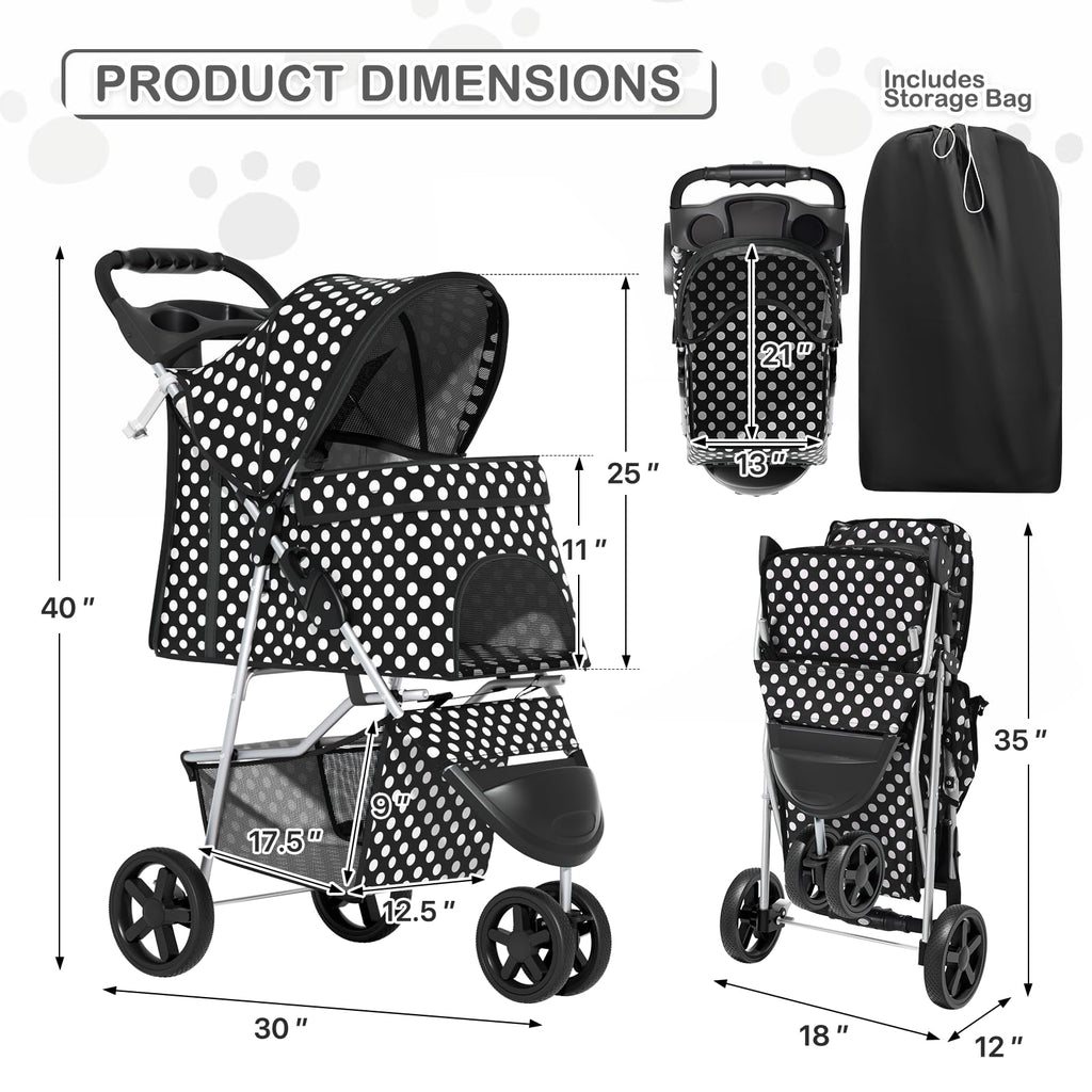MoNiBloom 3 Wheels Pet Dog Cat Stroller for Small Medium Dogs Cats, Foldable Jogger Stroller w/Storage Basket and Cup Holder, Black Polka Dots