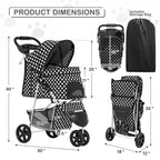 MoNiBloom 3 Wheels Pet Dog Cat Stroller for Small Medium Dogs Cats, Foldable Jogger Stroller w/Storage Basket and Cup Holder, Black Polka Dots
