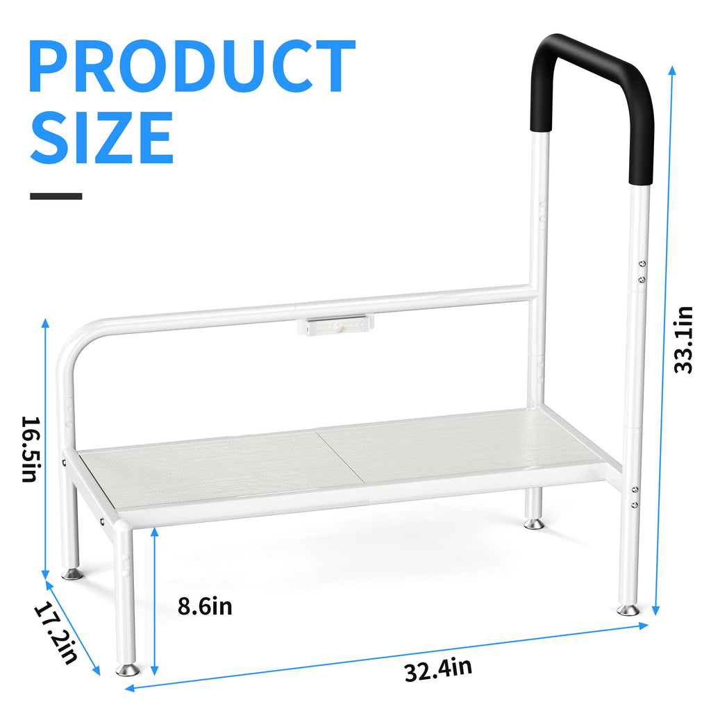 Josmimic Bed Step Stool for Adults, Bedside Steps for Elderly Seniors with Non-Slip Handle & LED Light, Stable Assist Rail for High Beds