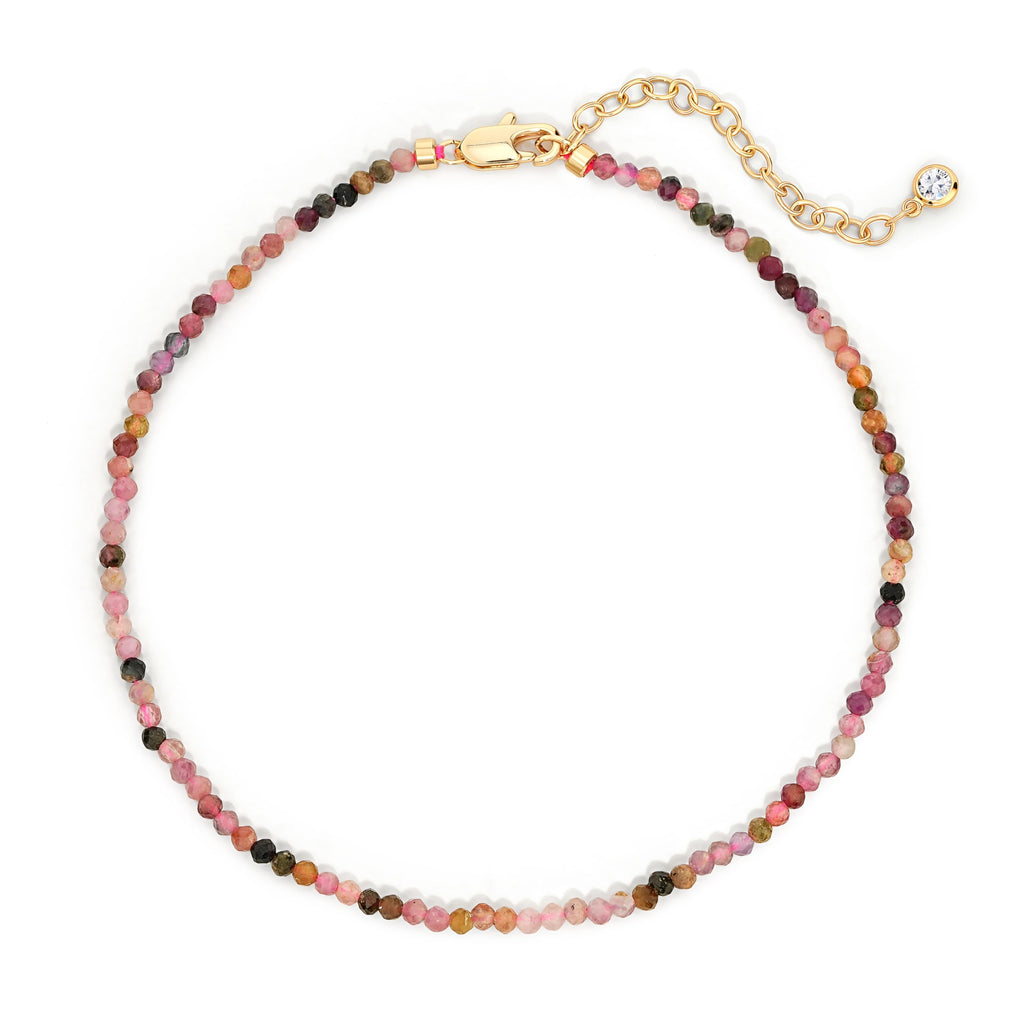 Faceted Multi-Color Tourmaline Anklet for Women - Rainbow Gemstone Beads Anklet with Sparkling CZ Tail Charm - 22cm + 5cm Adjustable 14K Gold Plated Foot Chain - October Birthstone Jewelry Gift for Her, Summer Beach Vacation