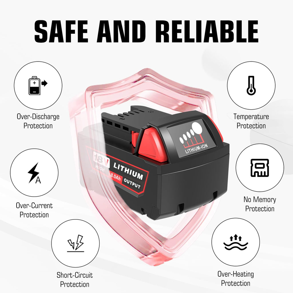 4 Pack 8.0Ah Extended Runtime Battery Replacement for Milwaukee 18V Battery
