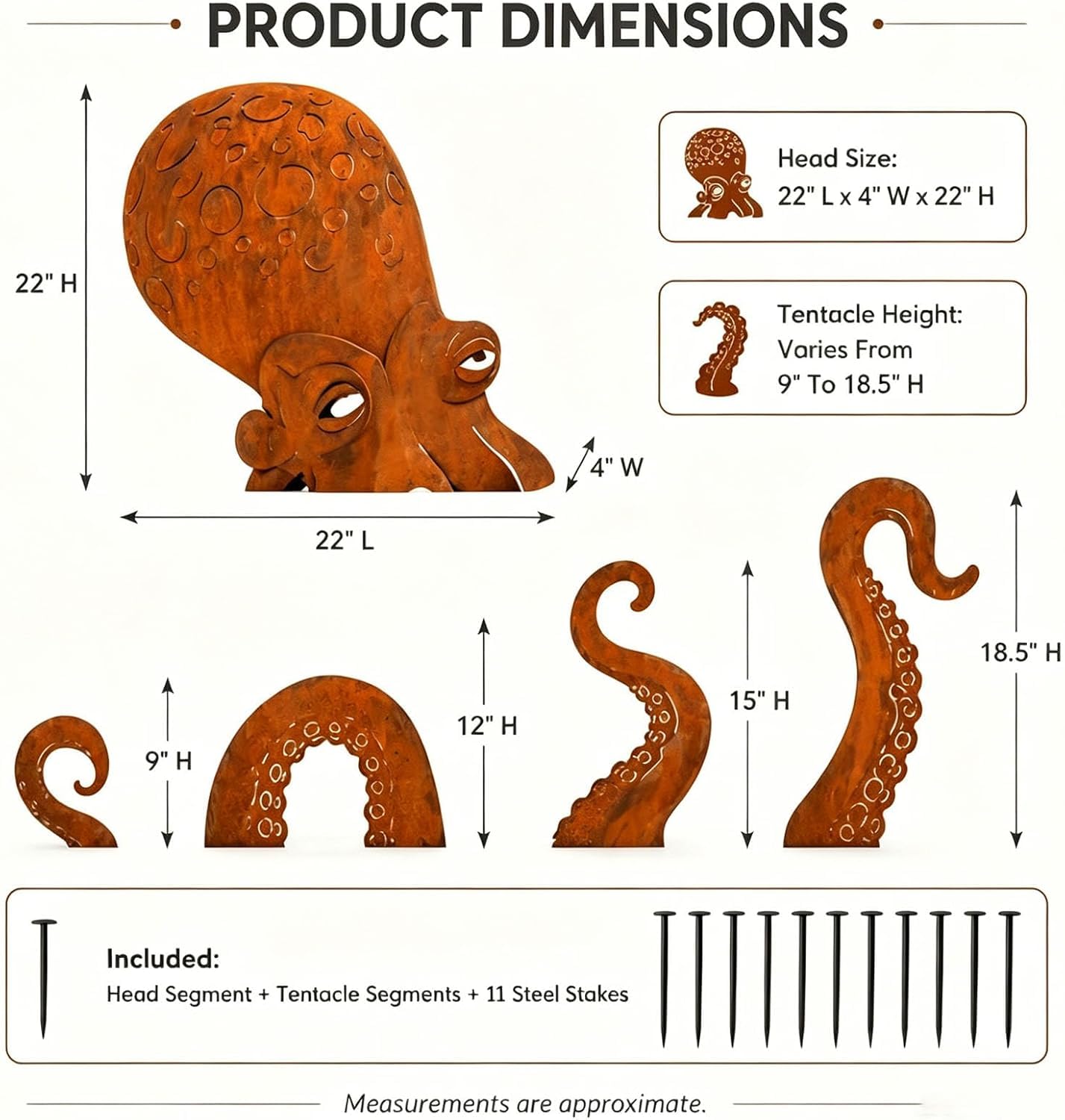 Rust Patina Giant Squid Garden Sculpture, Rustic Metal Octopus Statue, Unique Coastal Yard Art for Patio, Lawn, Backyard, Beach Themed Decor
