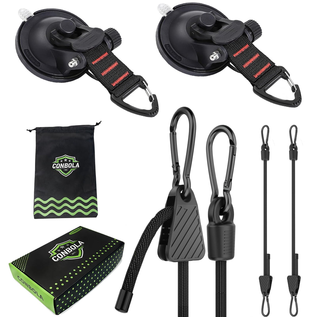 CONBOLA Suction Cups Hooks with 48-inch Adjustable Bungee Cords Set,Adjustable from 7" to 48",Car Camping Essentials Heavy Duty Tie Down Strong Power for RV Boat Window Glass Camping Trap.