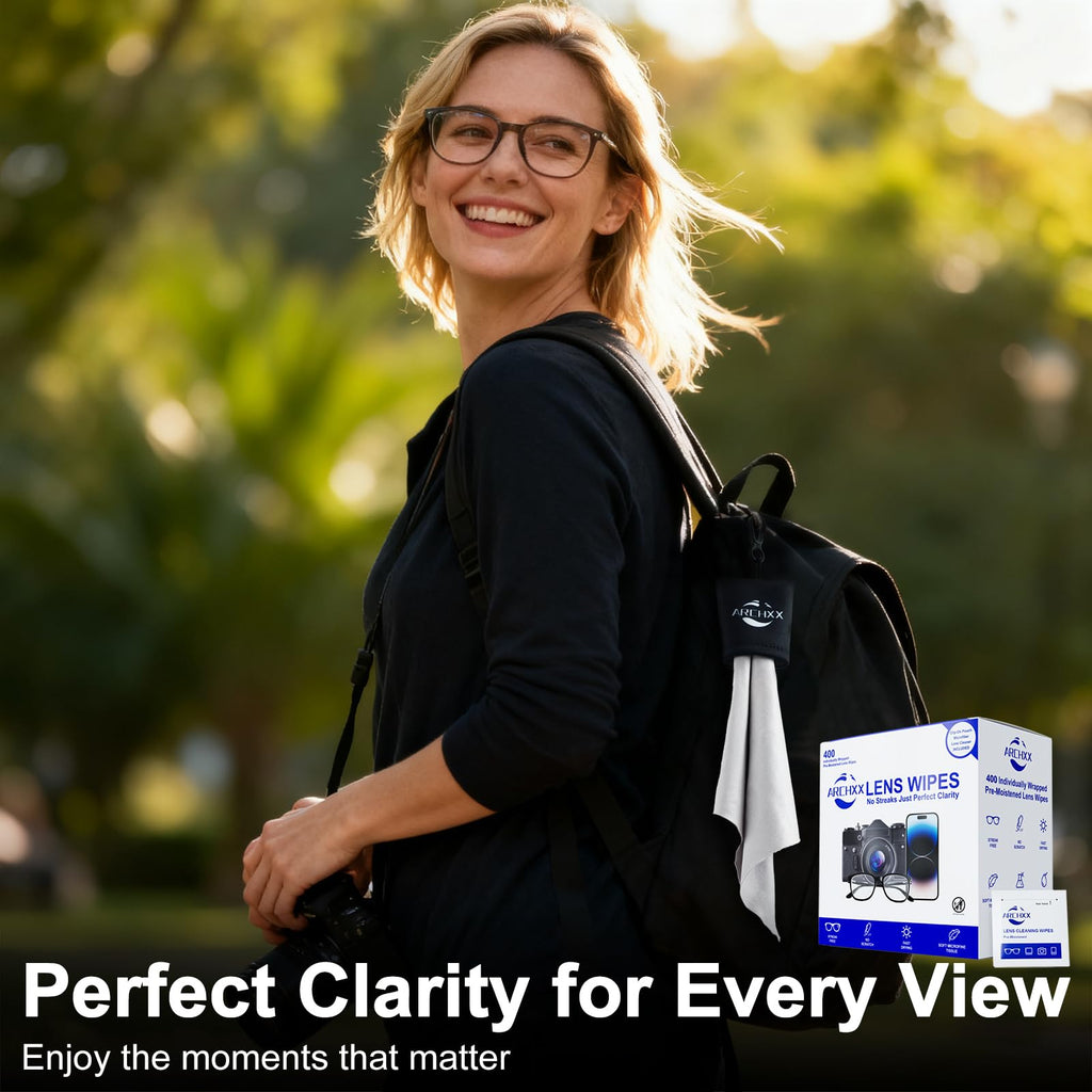 ARCHXX 400 Count Lens Wipes for Eyeglasses, +1 Clip-On Pouch Microfiber Lens Cleaner, Individually Wrapped Pre-Moistened Eye Glasses Cleaner Wipes for Glasses, Sunglasses, Camera Lenses, Streak-Free
