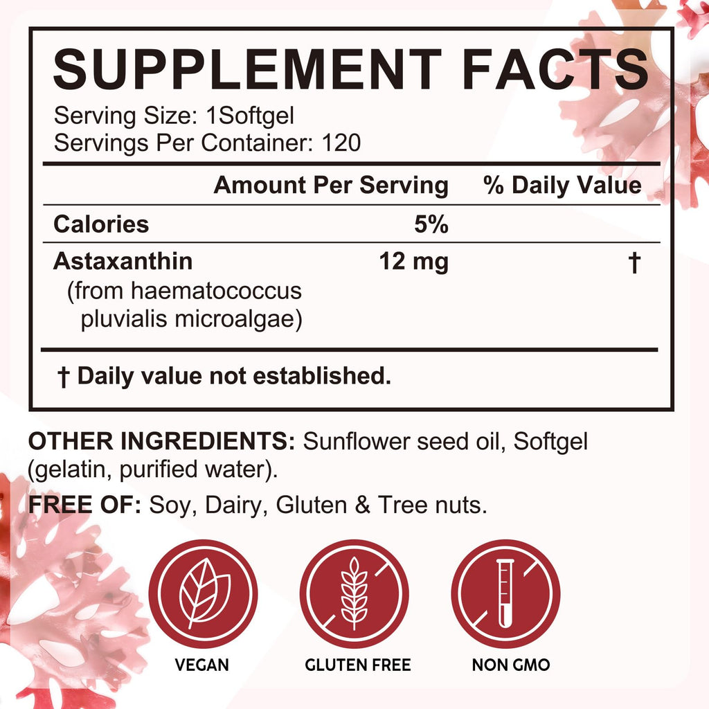 2 Pack Premium Astaxanthin 12mg,120 Softgels | Natural Antioxidant Supplement for Eye, Joint, Skin Health,Microalgae Source | 4 Month Supply | Supports Internal Circulation & Natural Tanning,Non-GMO