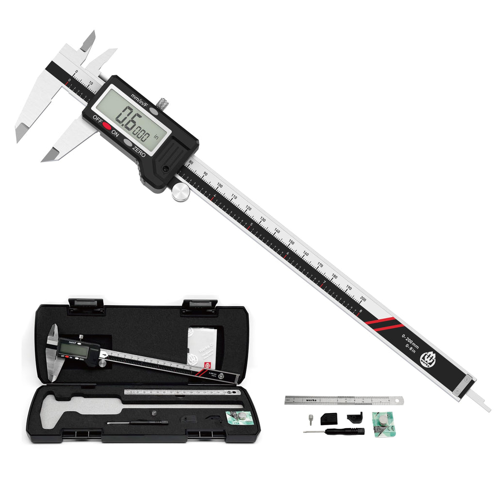 werka Digital Caliper, Calipers Measuring Tool, Auto-Off Micrometer Caliper with 0.001”High-Accuracy,Inch/Fraction/Millimeter Conversions Button,4 Measuring Ways, Stainless Steel (8 Inch)