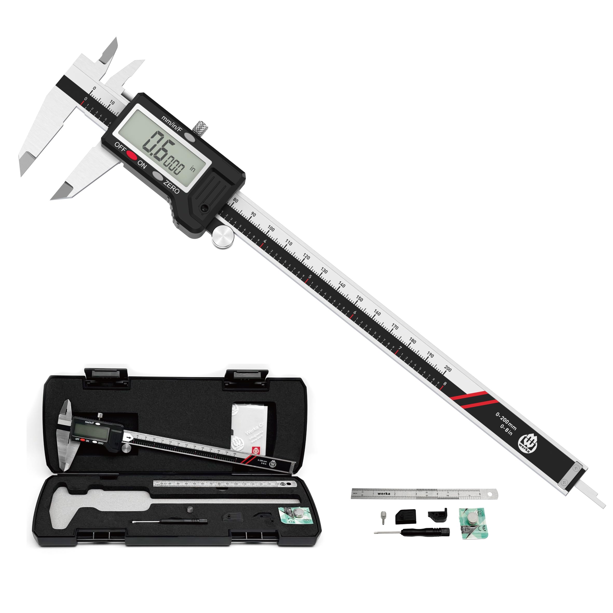 werka Digital Caliper, Calipers Measuring Tool, Auto-Off Micrometer Caliper with 0.001”High-Accuracy,Inch/Fraction/Millimeter Conversions Button,4 Measuring Ways, Stainless Steel (8 Inch)